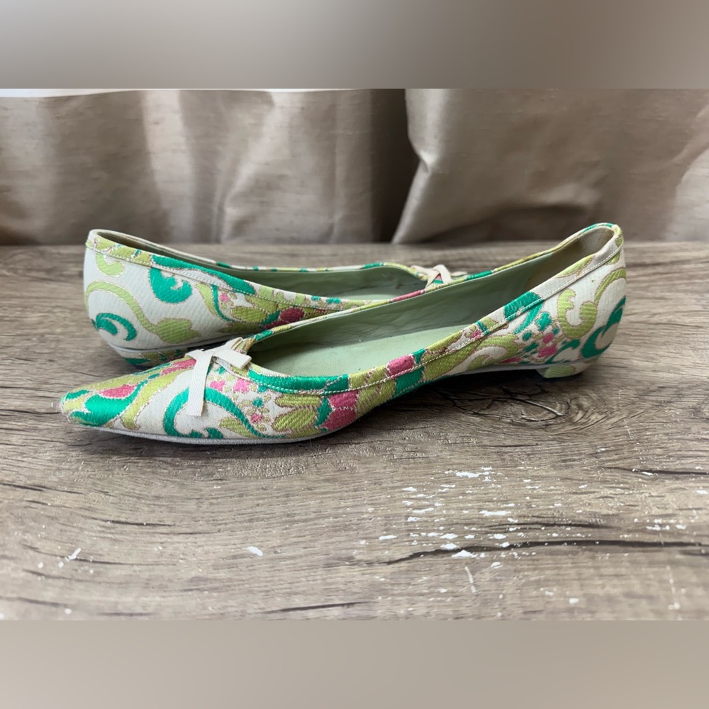 Vtg Prada SS2003 Green‎ Brocade Flat Shoes 37.5 - Picture 3 of 11